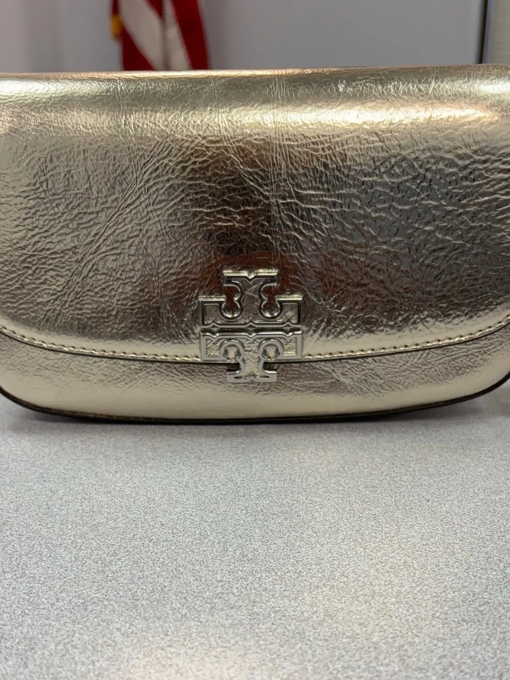 Tory Burch Metallic Gold Leather Clutch with Logo Hardware
